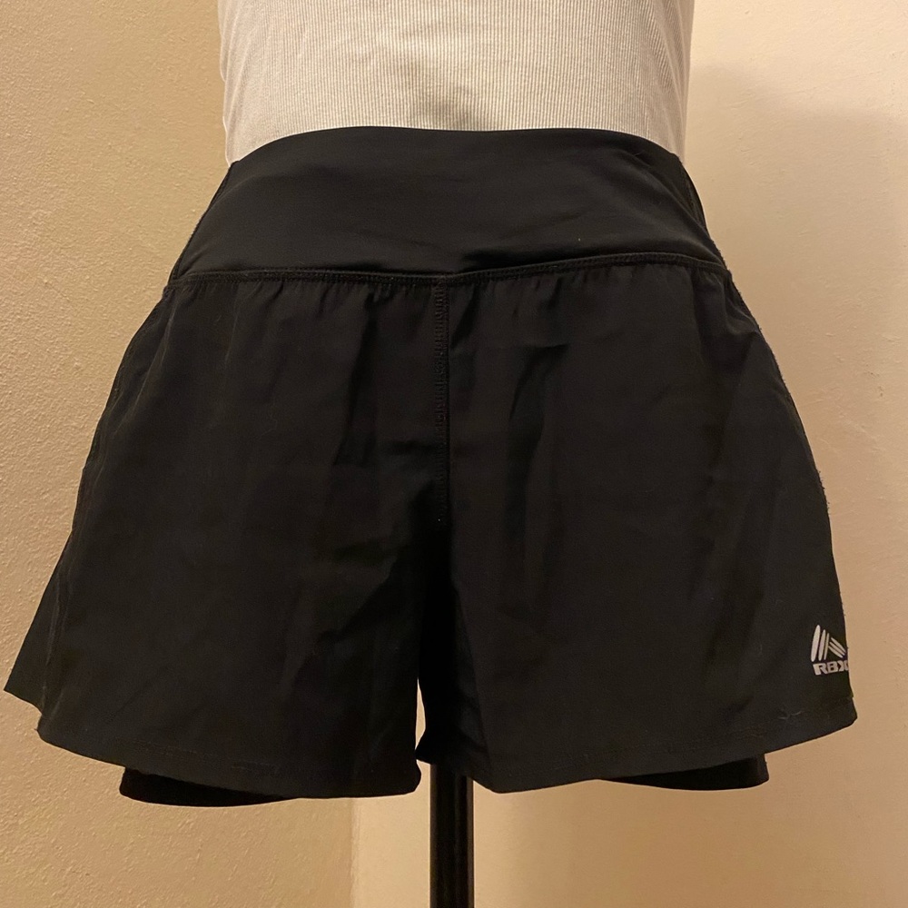 RBX Running Shorts, spandex shorts under flowy too shorts, back pocket.